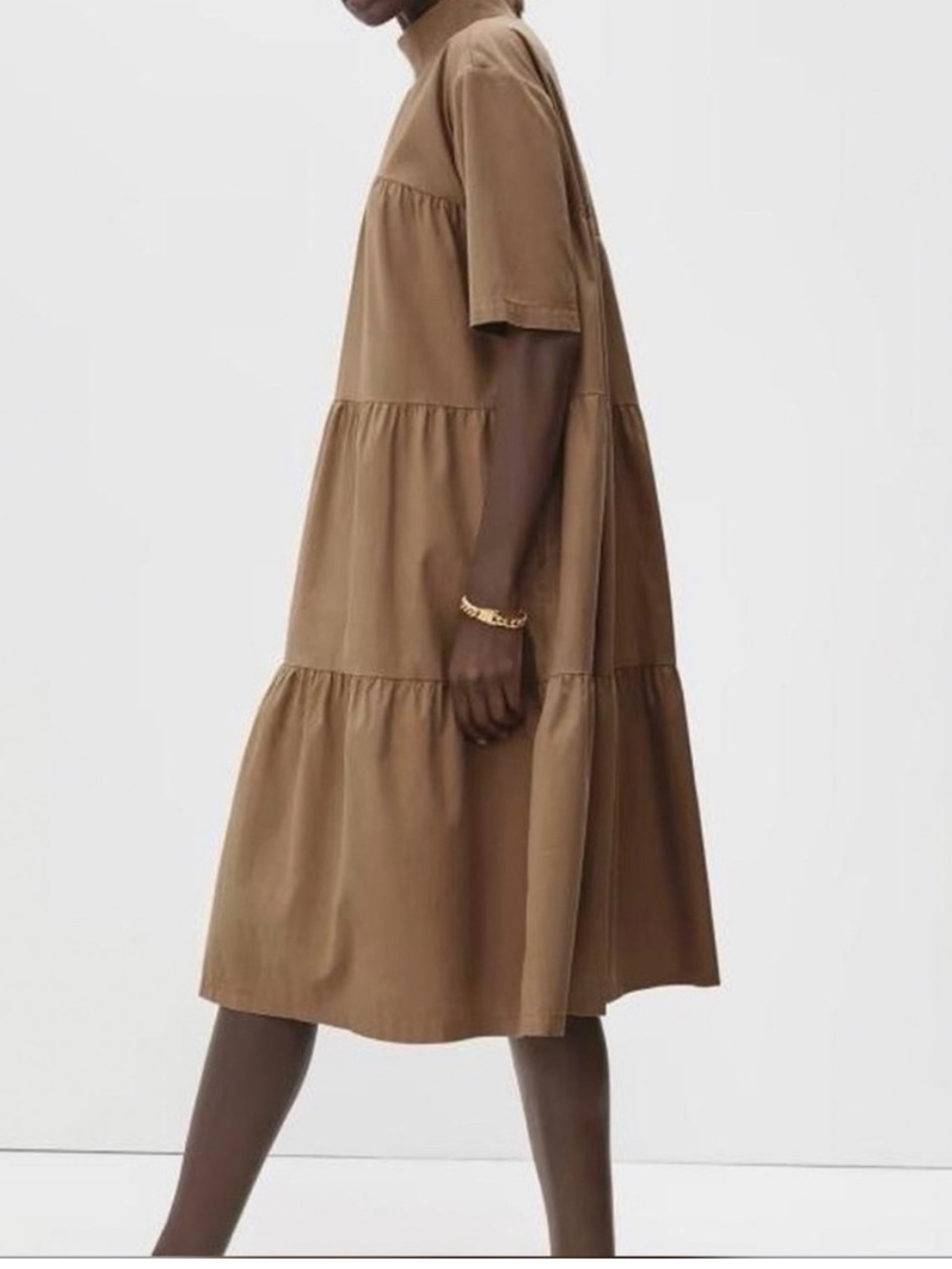 Everlane The Tiered Mock Neck Dress Tan Minimalist Cottagecore Poplin Peasant M